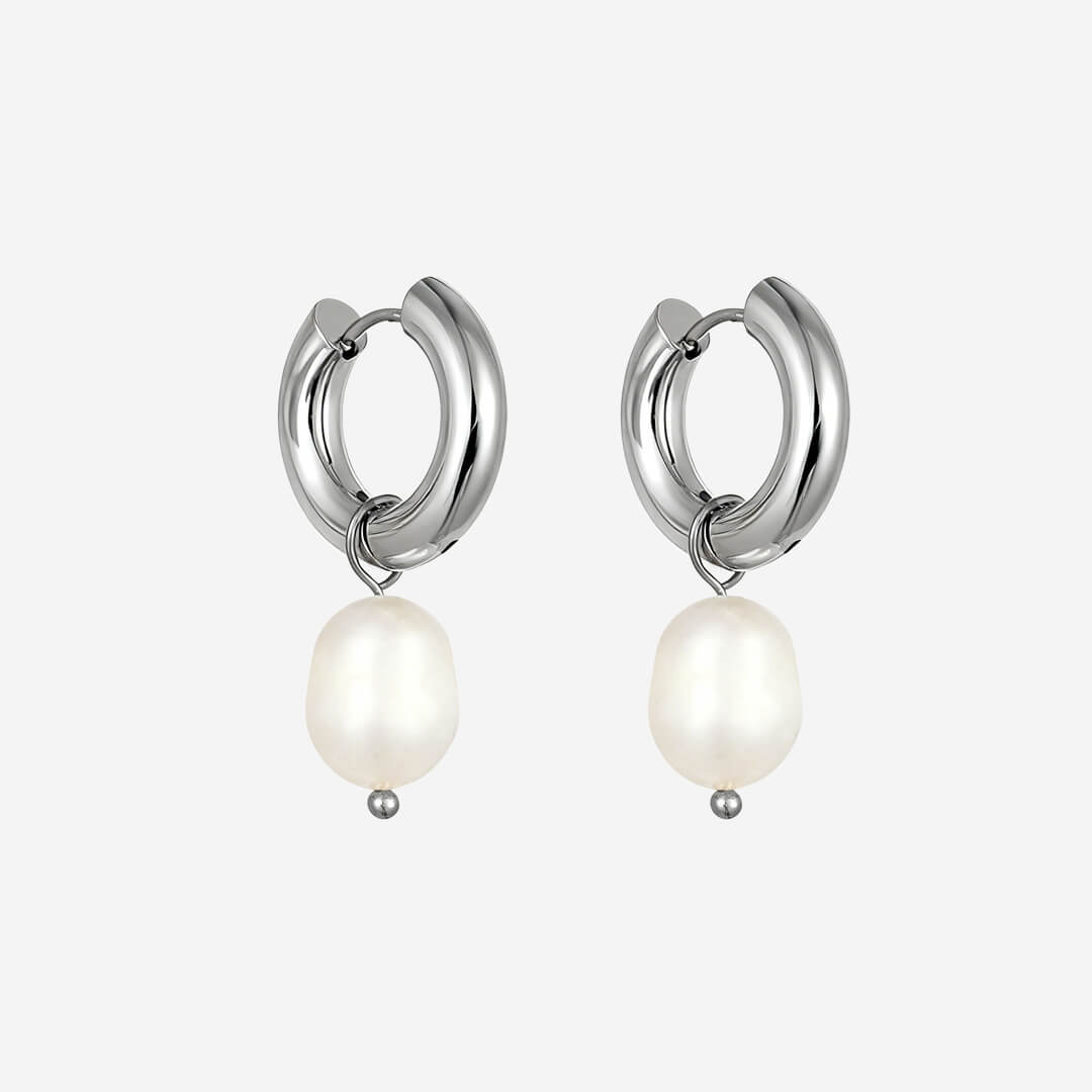 Phoebe Pearl Huggie Earrings - Silver