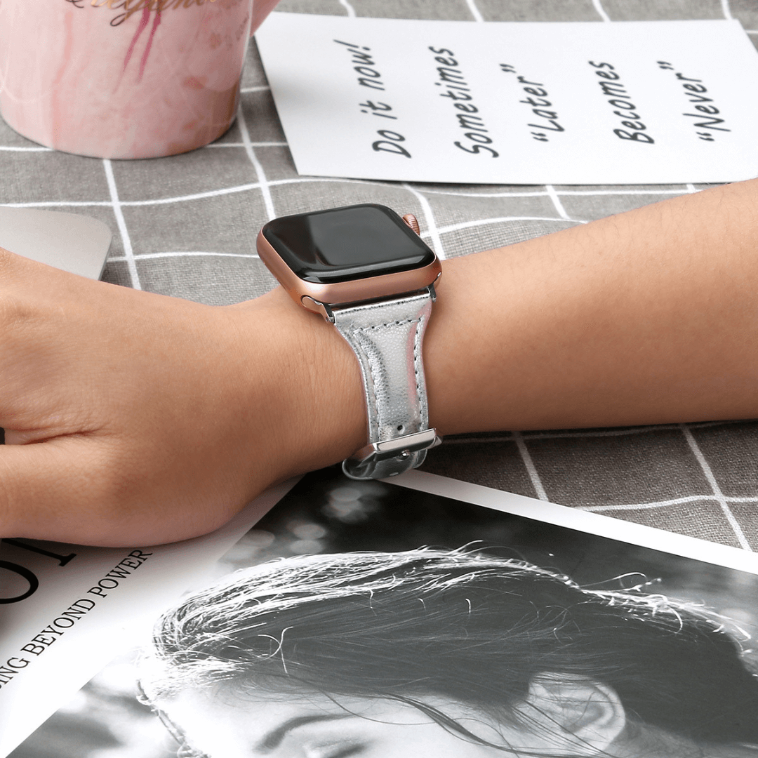 Slim Leather Apple Watch Band - Silver